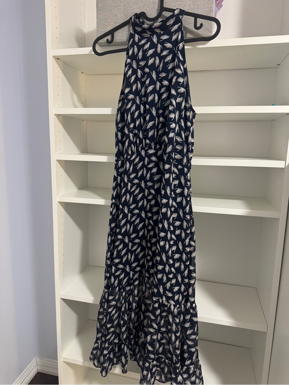 Navy Leaf-Print Halter Midi